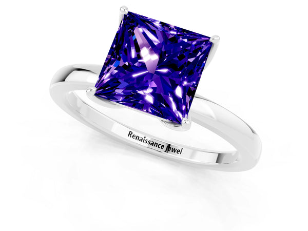 Silver Princess Cut Tanzanite Solitaire Ring with Thin Band and Prong Setting