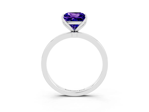 Platinum Princess Cut Tanzanite Solitaire Ring with Thin Band and Prong Setting