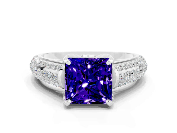 Platinum Princess Cut Tanzanite Solitaire Ring with Three-Row Pavé Band and Four-Prong Setting