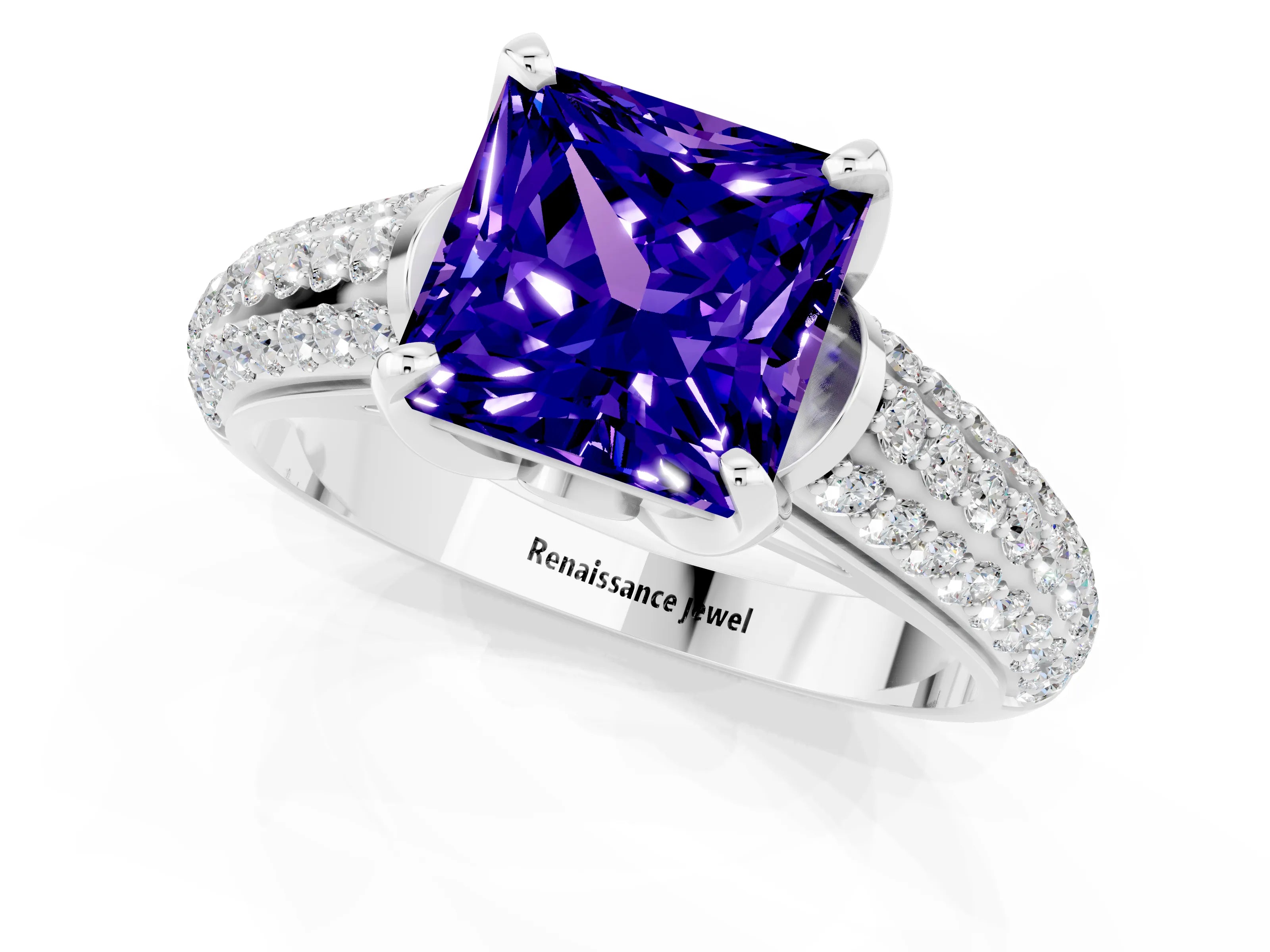 White gold Princess Cut Tanzanite Solitaire Ring with Three-Row Pavé Band and Four-Prong Setting_13