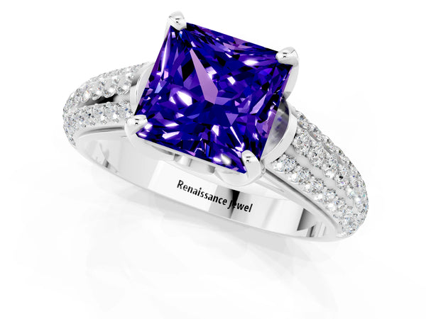 Platinum Princess Cut Tanzanite Solitaire Ring with Three-Row Pavé Band and Four-Prong Setting
