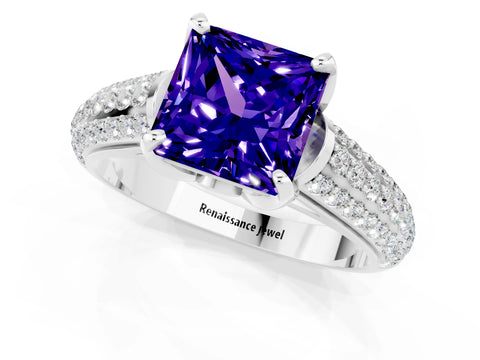 White gold Princess Cut Tanzanite Solitaire Ring with Three-Row Pavé Band and Four-Prong Setting_13