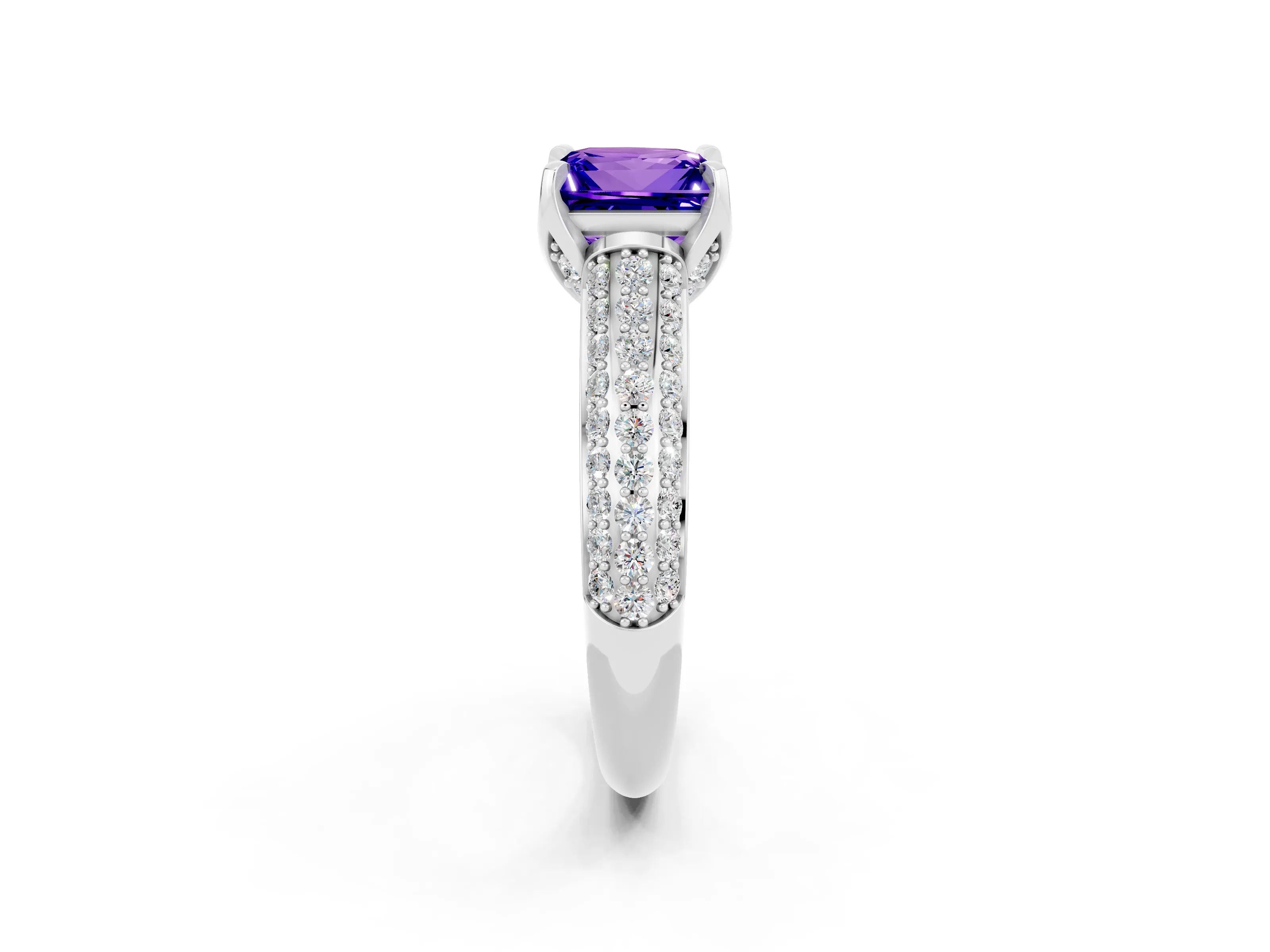 White gold Princess Cut Tanzanite Solitaire Ring with Three-Row Pavé Band and Four-Prong Setting_14