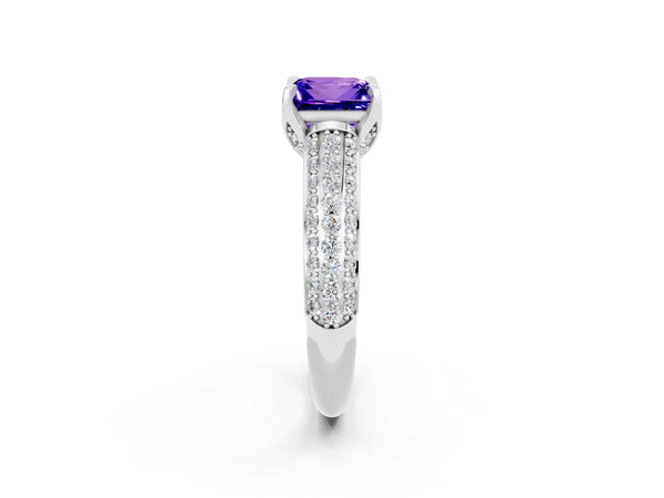 White gold Princess Cut Tanzanite Solitaire Ring with Three-Row Pavé Band and Four-Prong Setting