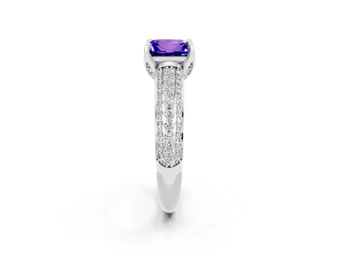 White gold Princess Cut Tanzanite Solitaire Ring with Three-Row Pavé Band and Four-Prong Setting_14