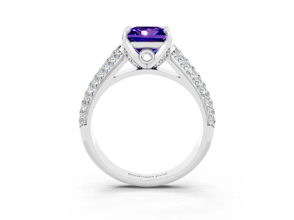 Platinum Princess Cut Tanzanite Solitaire Ring with Three-Row Pavé Band and Four-Prong Setting