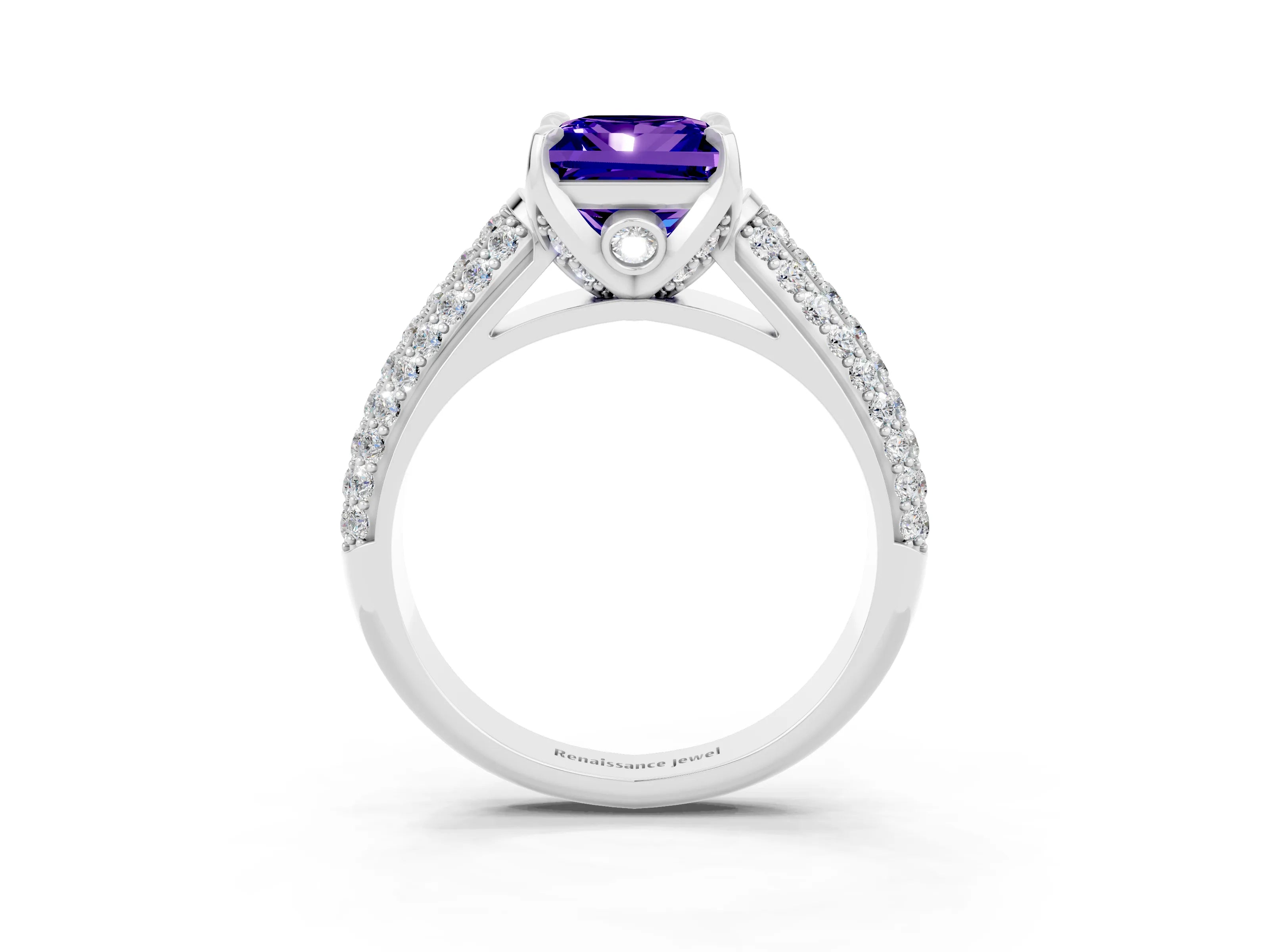 White gold Princess Cut Tanzanite Solitaire Ring with Three-Row Pavé Band and Four-Prong Setting_15