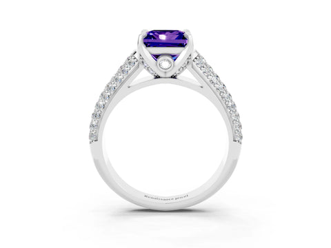 White gold Princess Cut Tanzanite Solitaire Ring with Three-Row Pavé Band and Four-Prong Setting_15