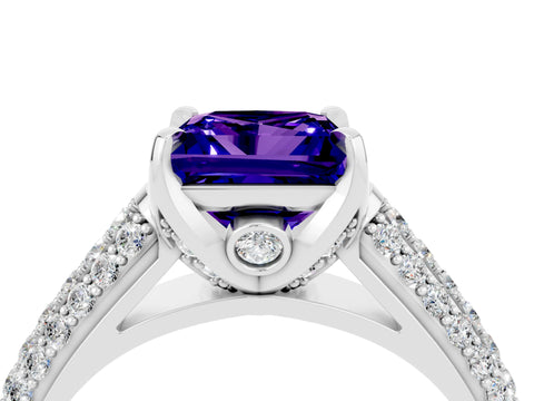 White gold Princess Cut Tanzanite Solitaire Ring with Three-Row Pavé Band and Four-Prong Setting_16