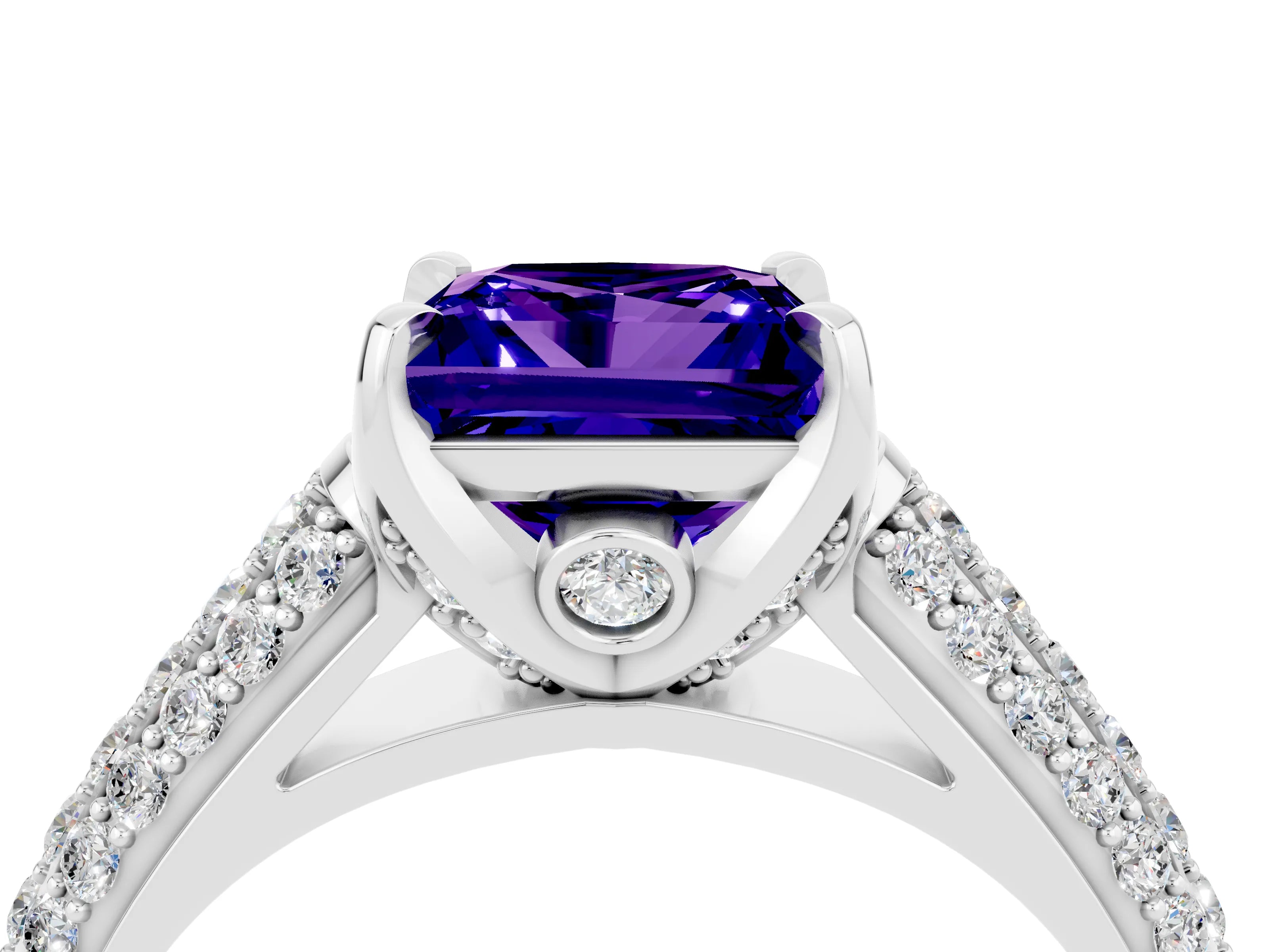 White gold Princess Cut Tanzanite Solitaire Ring with Three-Row Pavé Band and Four-Prong Setting_16