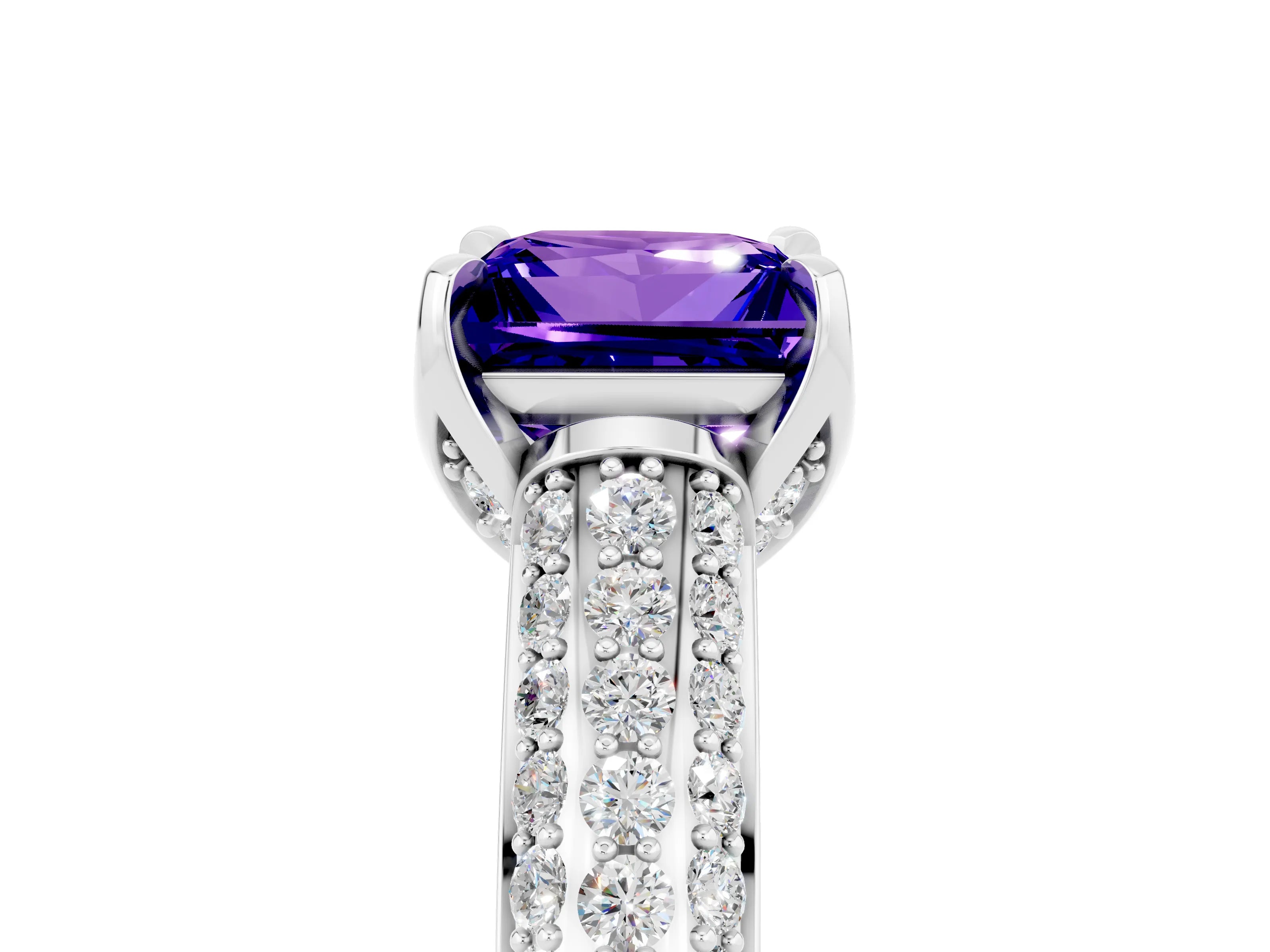White gold Princess Cut Tanzanite Solitaire Ring with Three-Row Pavé Band and Four-Prong Setting_17