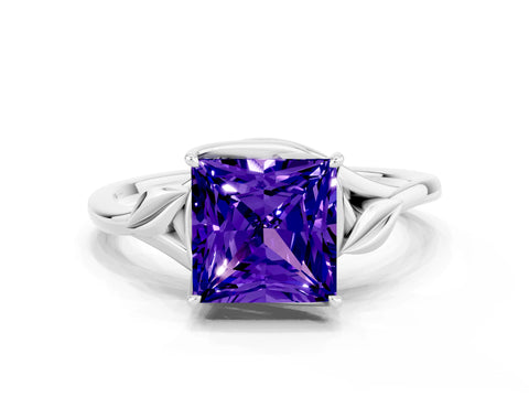 White gold Princess Cut Tanzanite Solitaire Ring with Twist Band and Four-Prong Setting_12