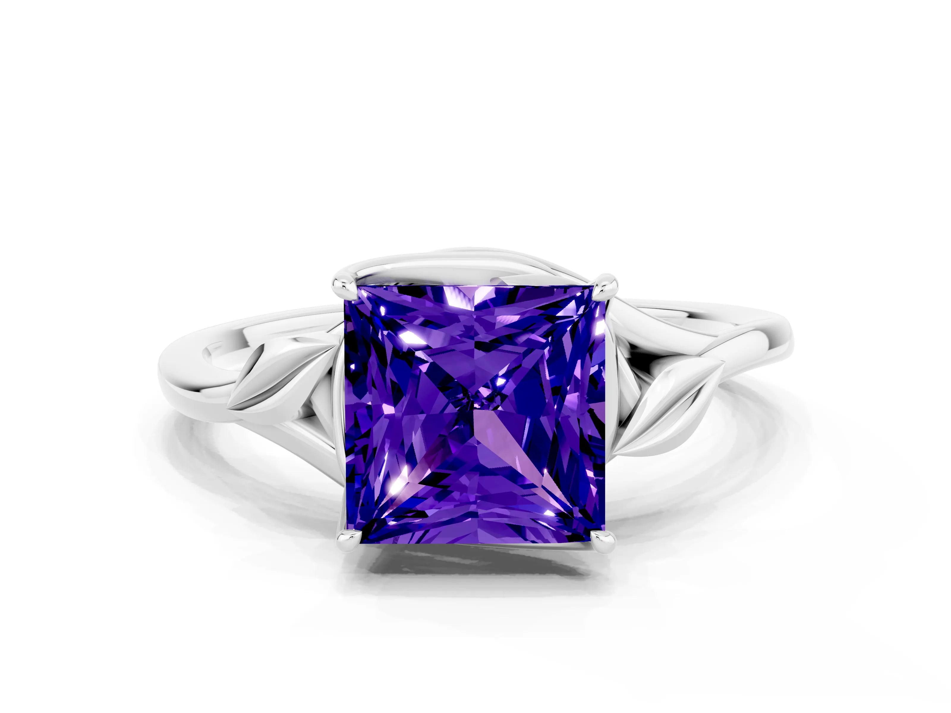 White gold Princess Cut Tanzanite Solitaire Ring with Twist Band and Four-Prong Setting_36