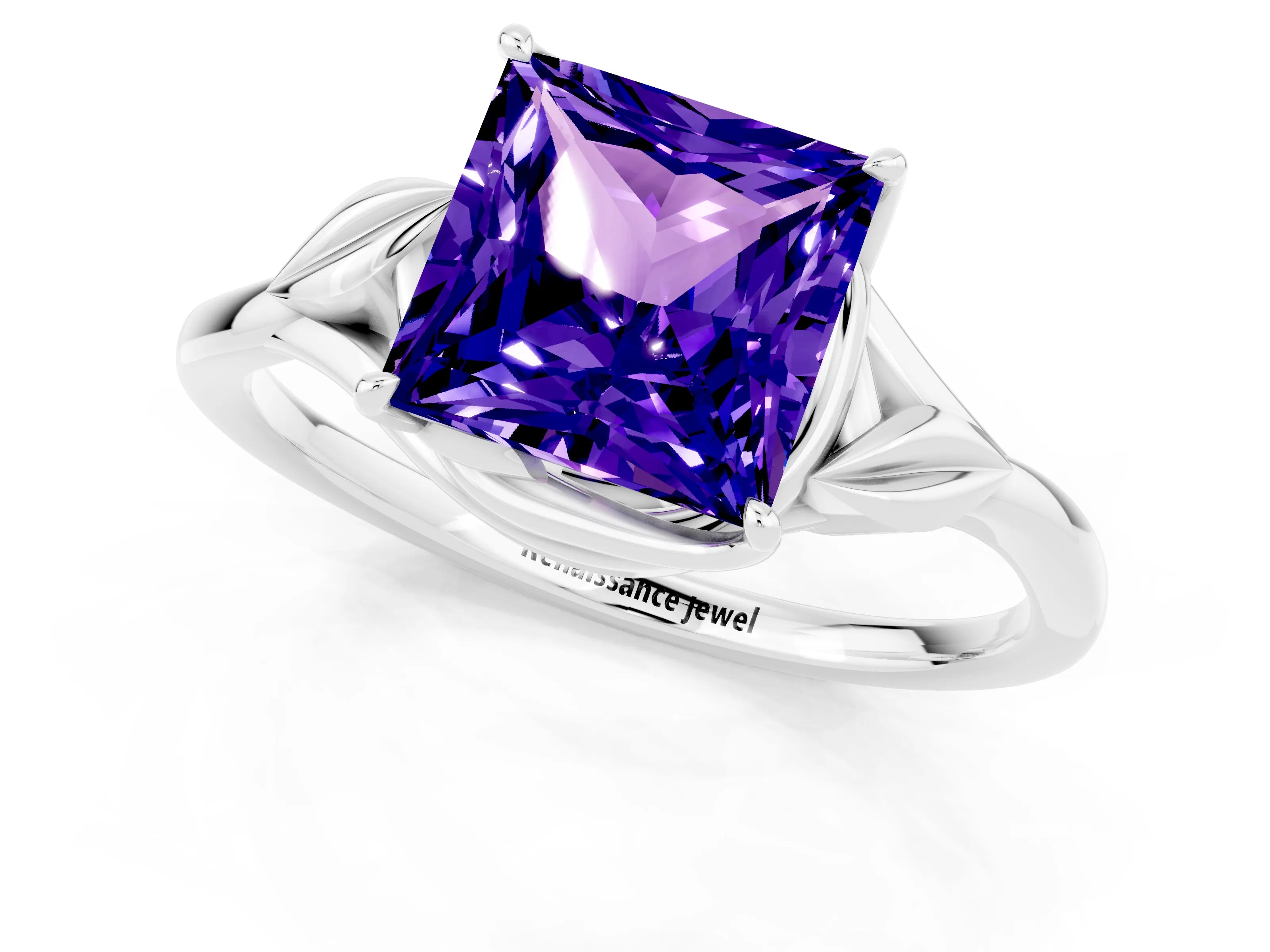White gold Princess Cut Tanzanite Solitaire Ring with Twist Band and Four-Prong Setting_37