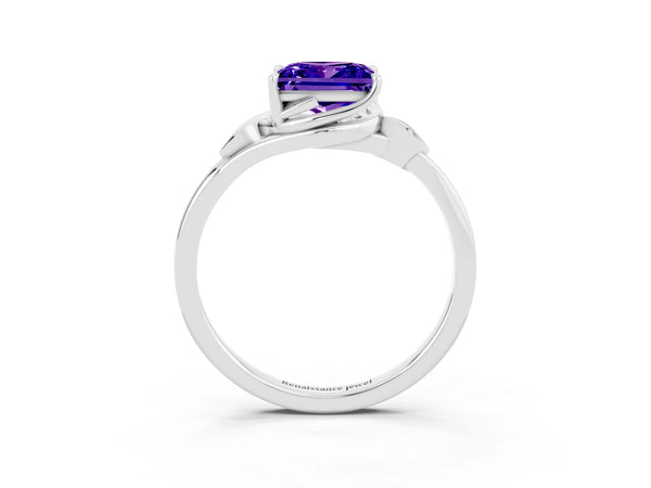 White gold Princess Cut Tanzanite Solitaire Ring with Twist Band and Four-Prong Setting
