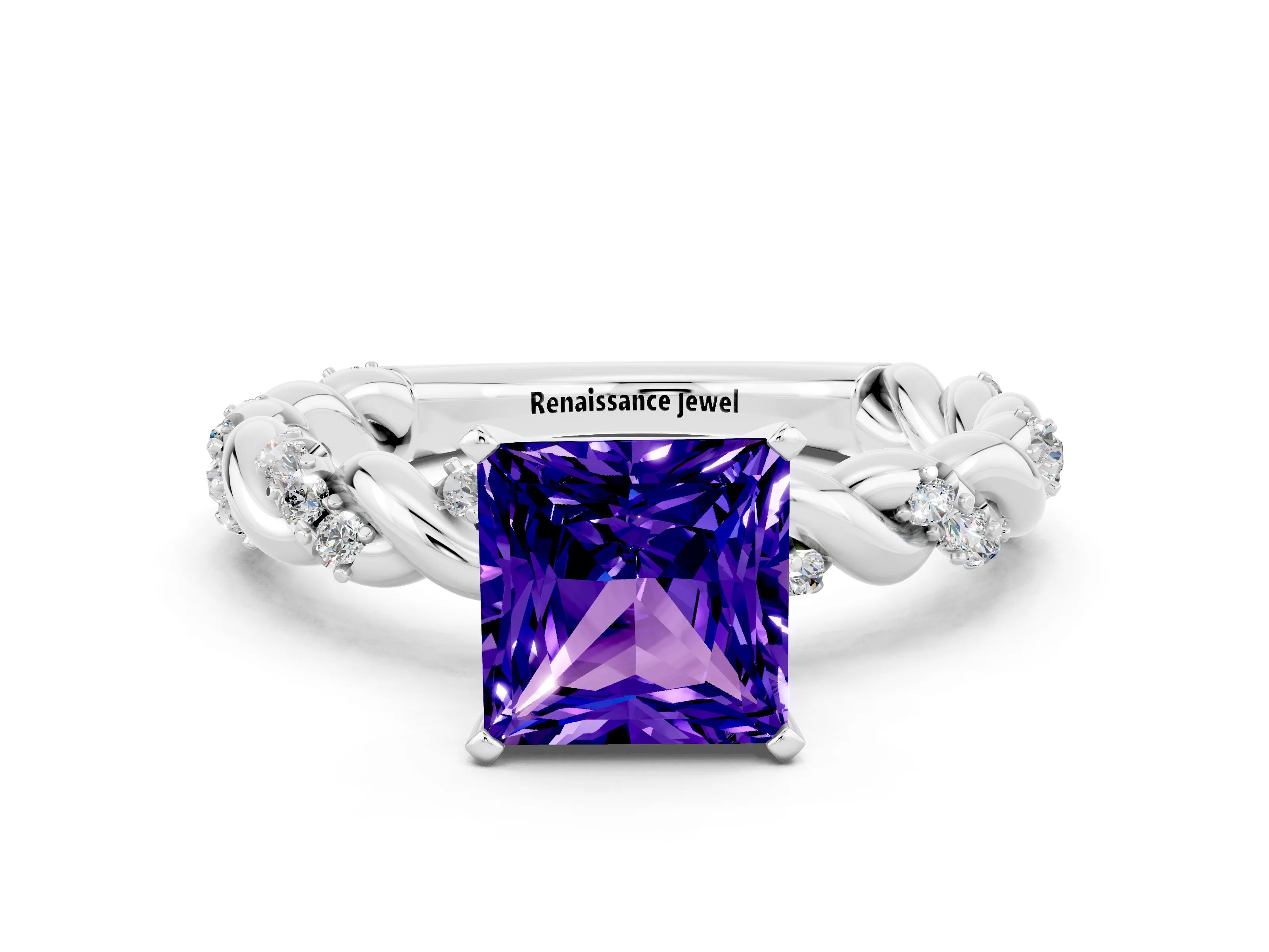 White gold Princess Cut Tanzanite Solitaire Ring with Twisted Band and Pavé Accents