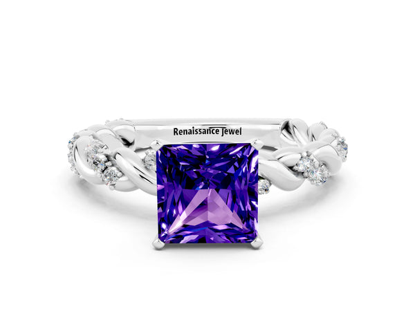 Platinum Princess Cut Tanzanite Solitaire Ring with Twisted Band and Pavé Accents
