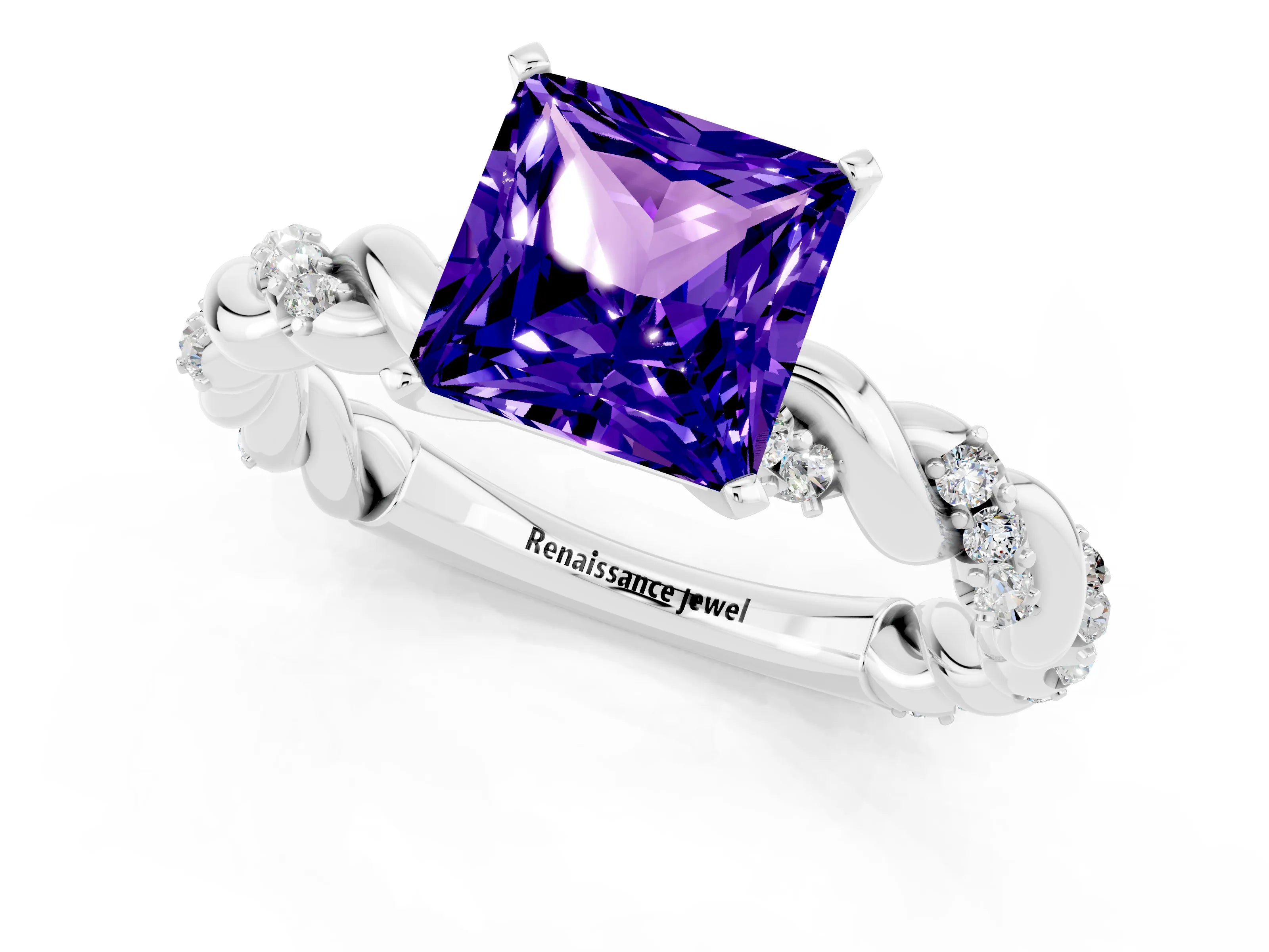 White gold Princess Cut Tanzanite Solitaire Ring with Twisted Band and Pavé Accents_1
