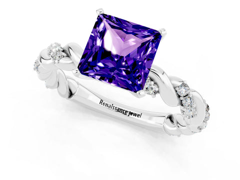 White gold Princess Cut Tanzanite Solitaire Ring with Twisted Band and Pavé Accents_1