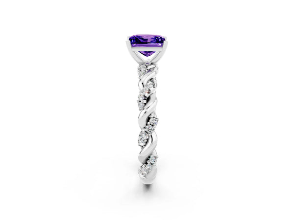 Platinum Princess Cut Tanzanite Solitaire Ring with Twisted Band and Pavé Accents