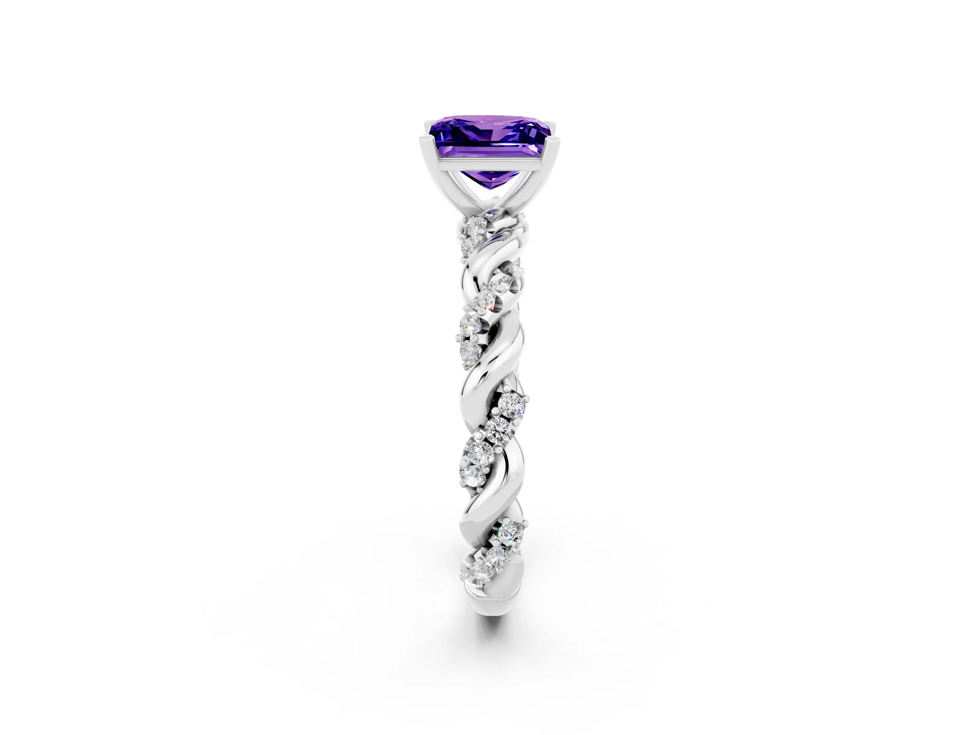 White gold Princess Cut Tanzanite Solitaire Ring with Twisted Band and Pavé Accents_2