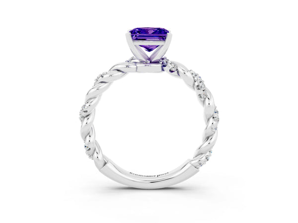 White gold Princess Cut Tanzanite Solitaire Ring with Twisted Band and Pavé Accents
