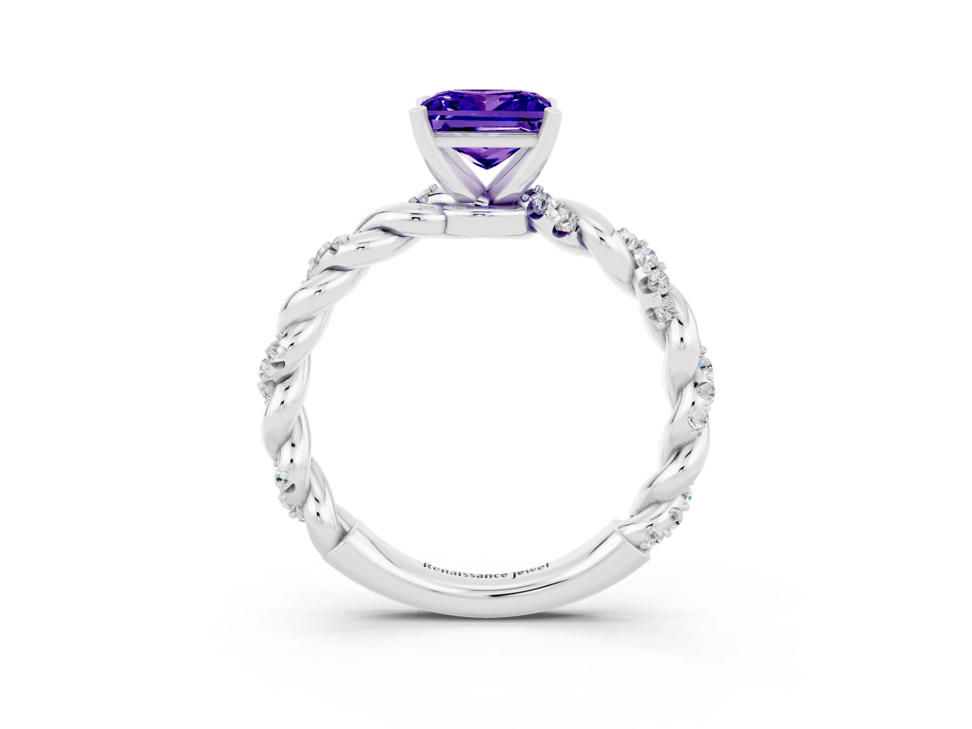 White gold Princess Cut Tanzanite Solitaire Ring with Twisted Band and Pavé Accents_3