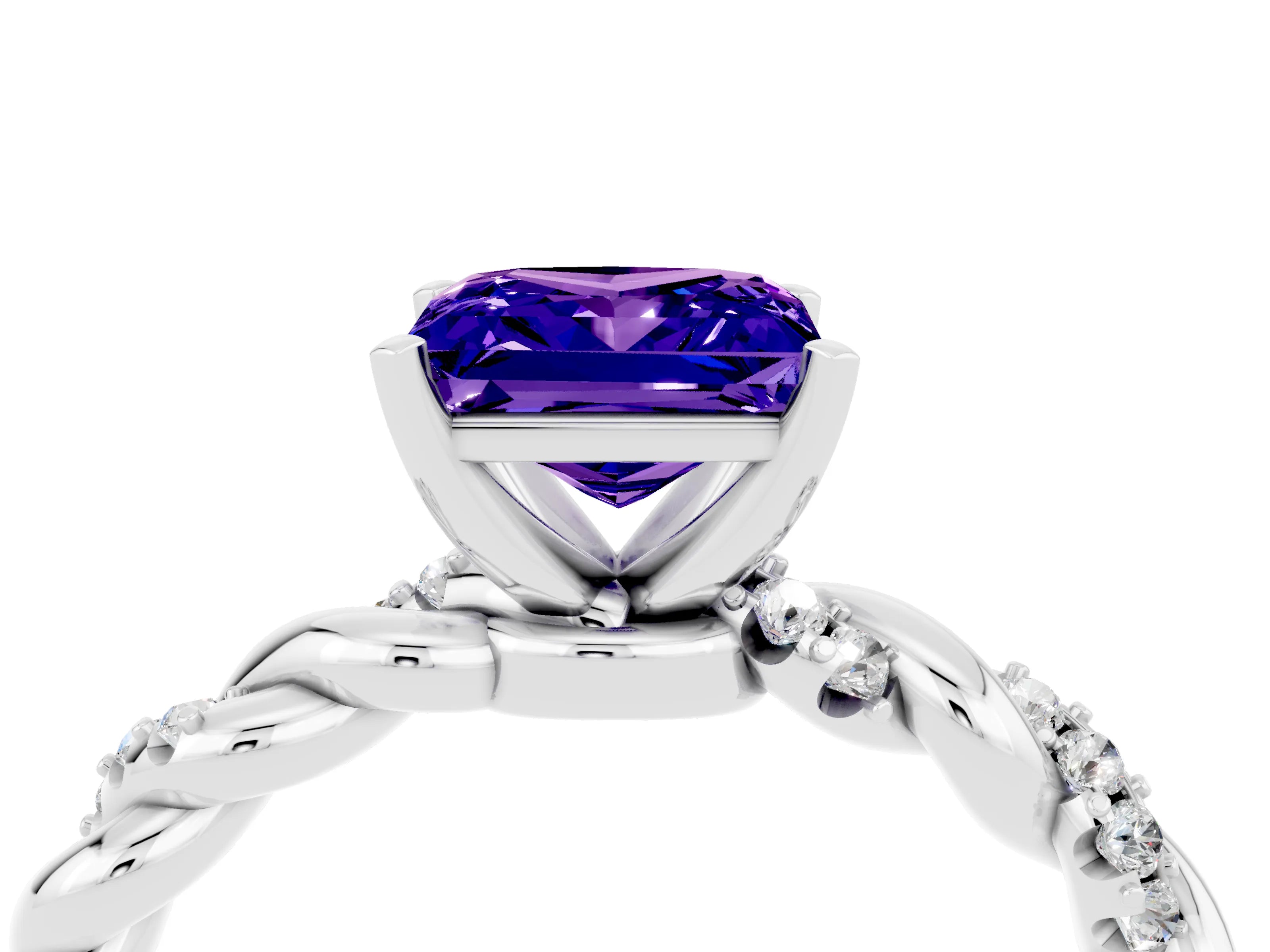 White gold Princess Cut Tanzanite Solitaire Ring with Twisted Band and Pavé Accents_4