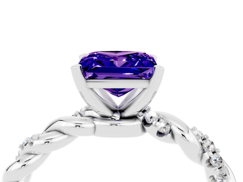 White gold Princess Cut Tanzanite Solitaire Ring with Twisted Band and Pavé Accents_4