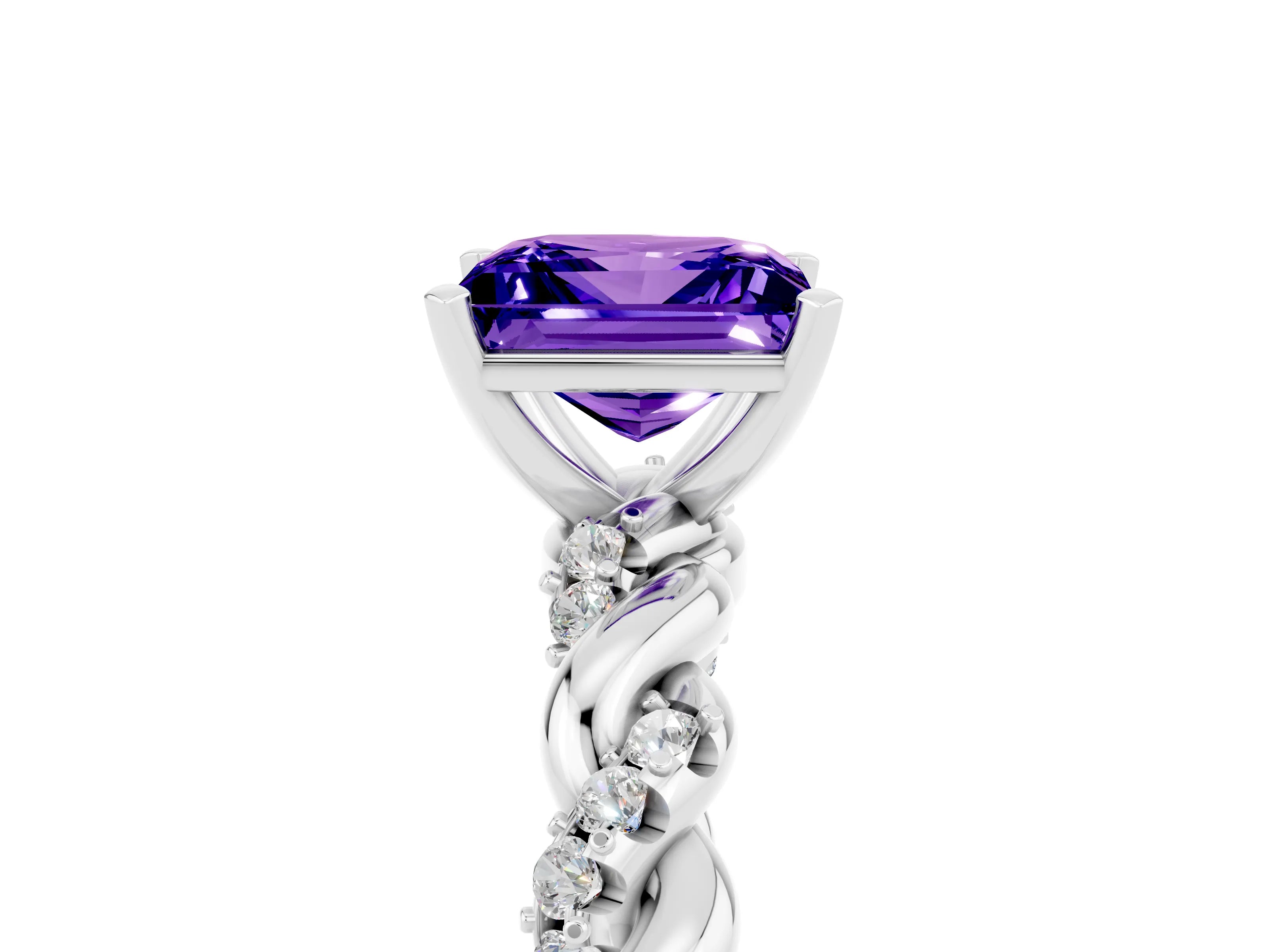 White gold Princess Cut Tanzanite Solitaire Ring with Twisted Band and Pavé Accents_5
