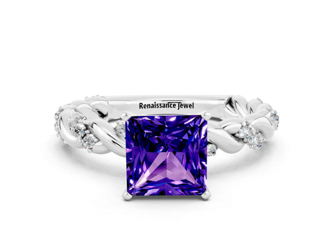 White gold Princess Cut Tanzanite Solitaire Ring with Twisted Band and Pavé Accents