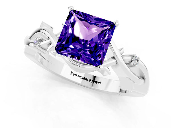Platinum Princess Cut Tanzanite Solitaire Ring with Twisted Band and Prong Setting