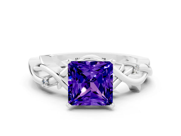 White gold Princess Cut Tanzanite Solitaire Ring with Twisted Band and Prong Setting