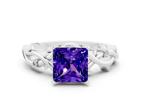 White gold Princess Cut Tanzanite Solitaire Ring with Twisted Band and Prong Setting_12