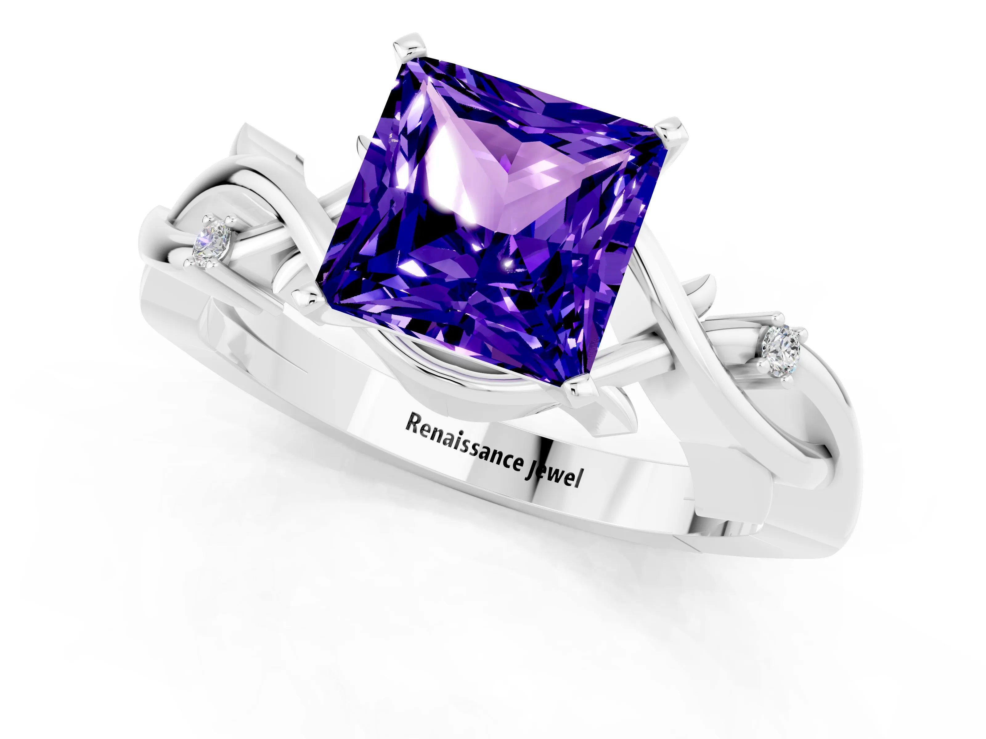 White gold Princess Cut Tanzanite Solitaire Ring with Twisted Band and Prong Setting_1
