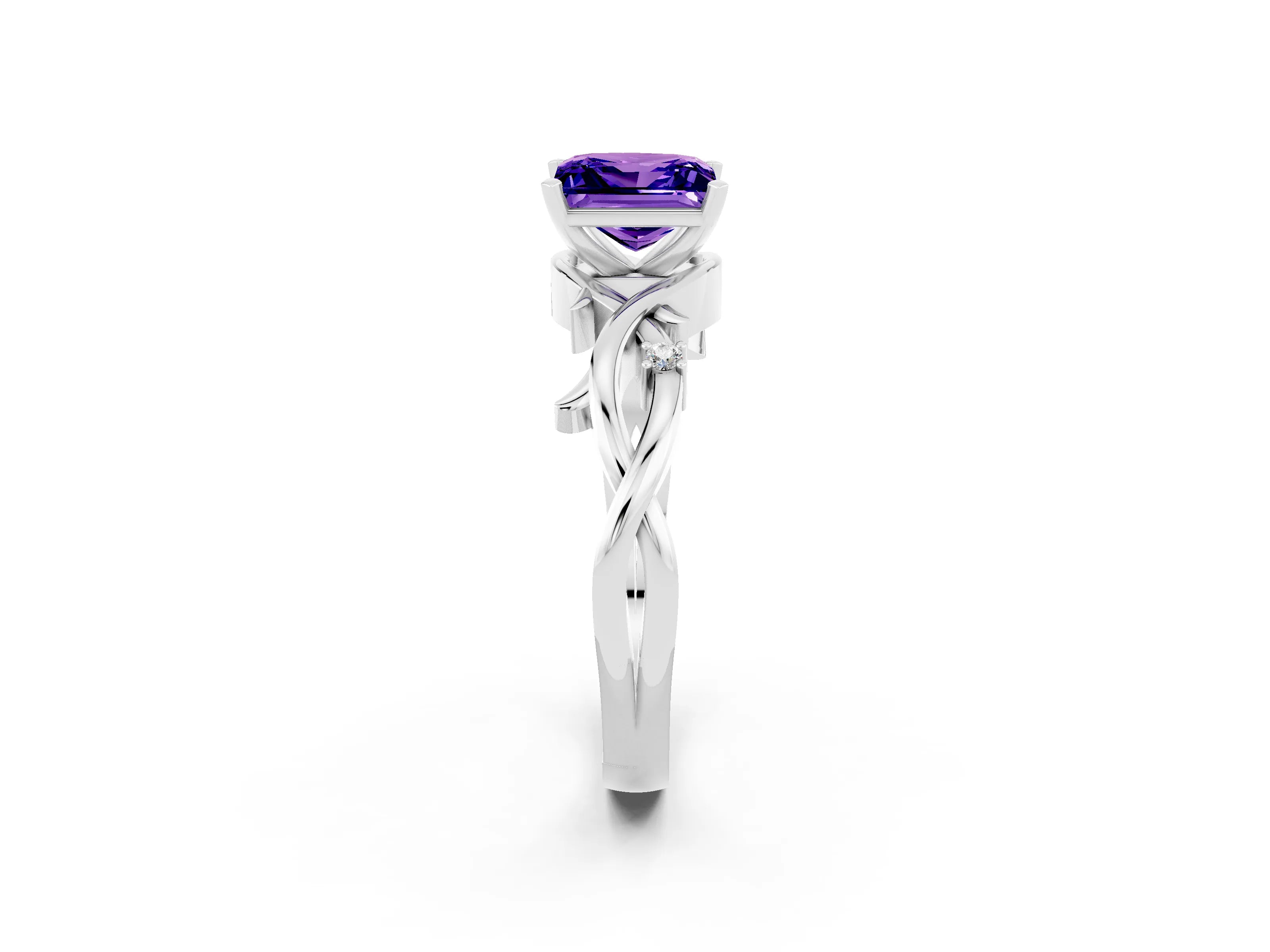 White gold Princess Cut Tanzanite Solitaire Ring with Twisted Band and Prong Setting_2