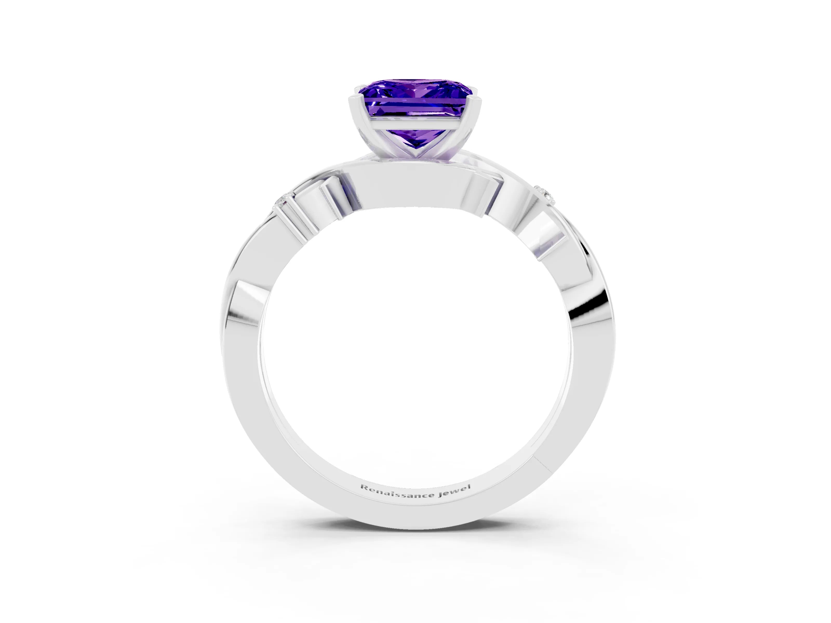 White gold Princess Cut Tanzanite Solitaire Ring with Twisted Band and Prong Setting_3