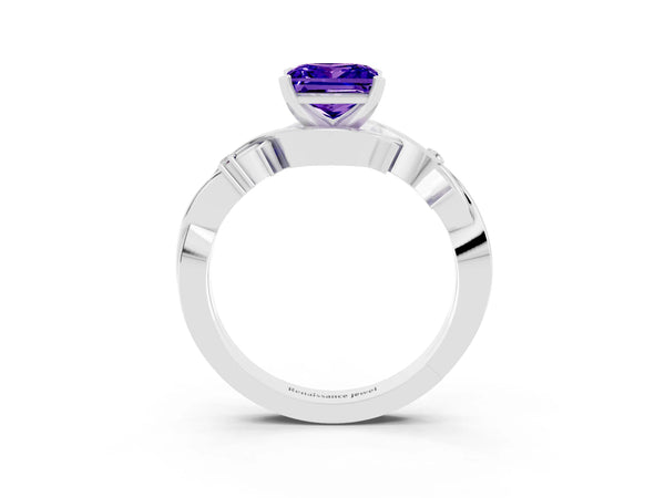 Silver Princess Cut Tanzanite Solitaire Ring with Twisted Band and Prong Setting