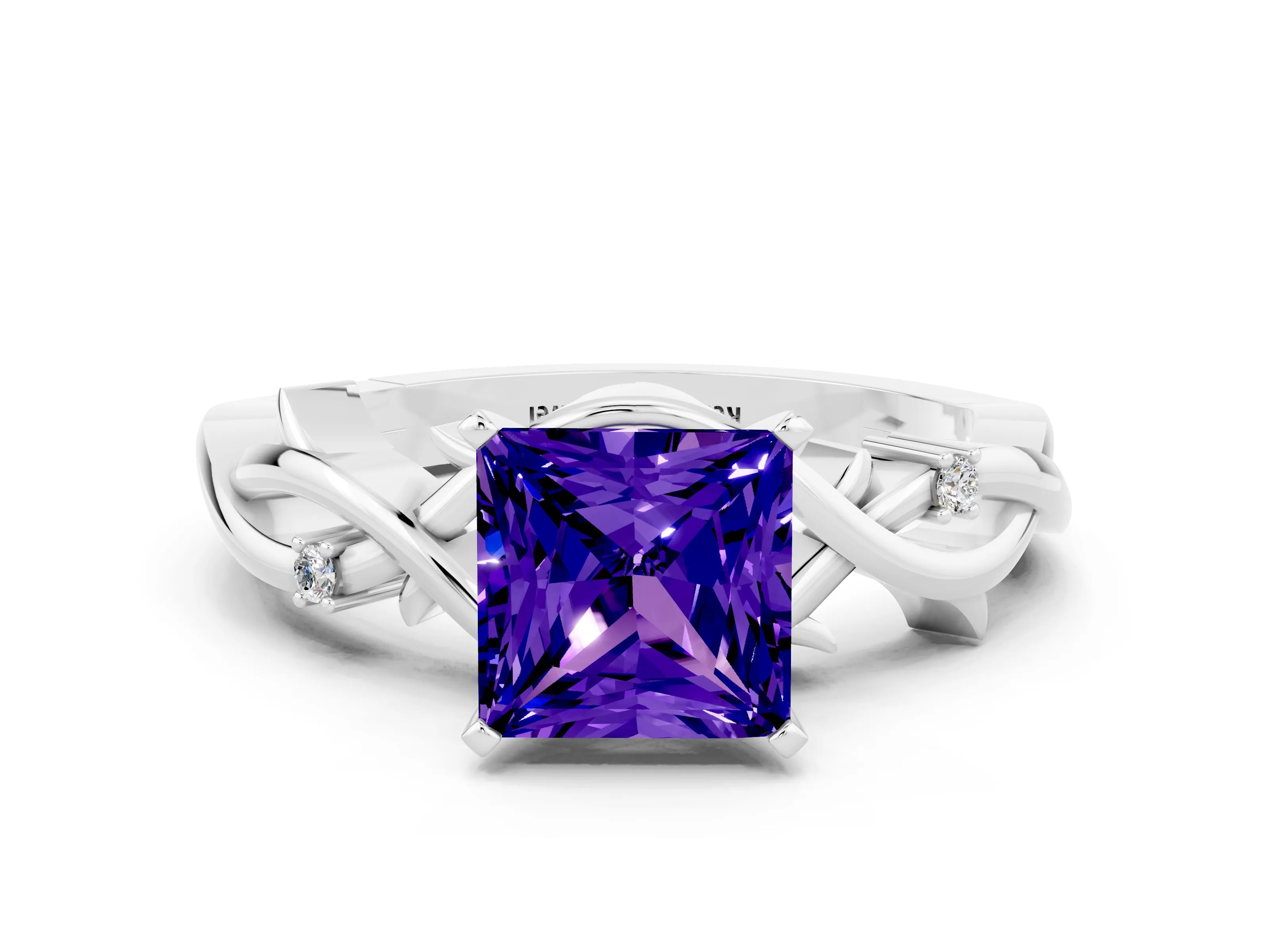 White gold Princess Cut Tanzanite Solitaire Ring with Twisted Band and Prong Setting
