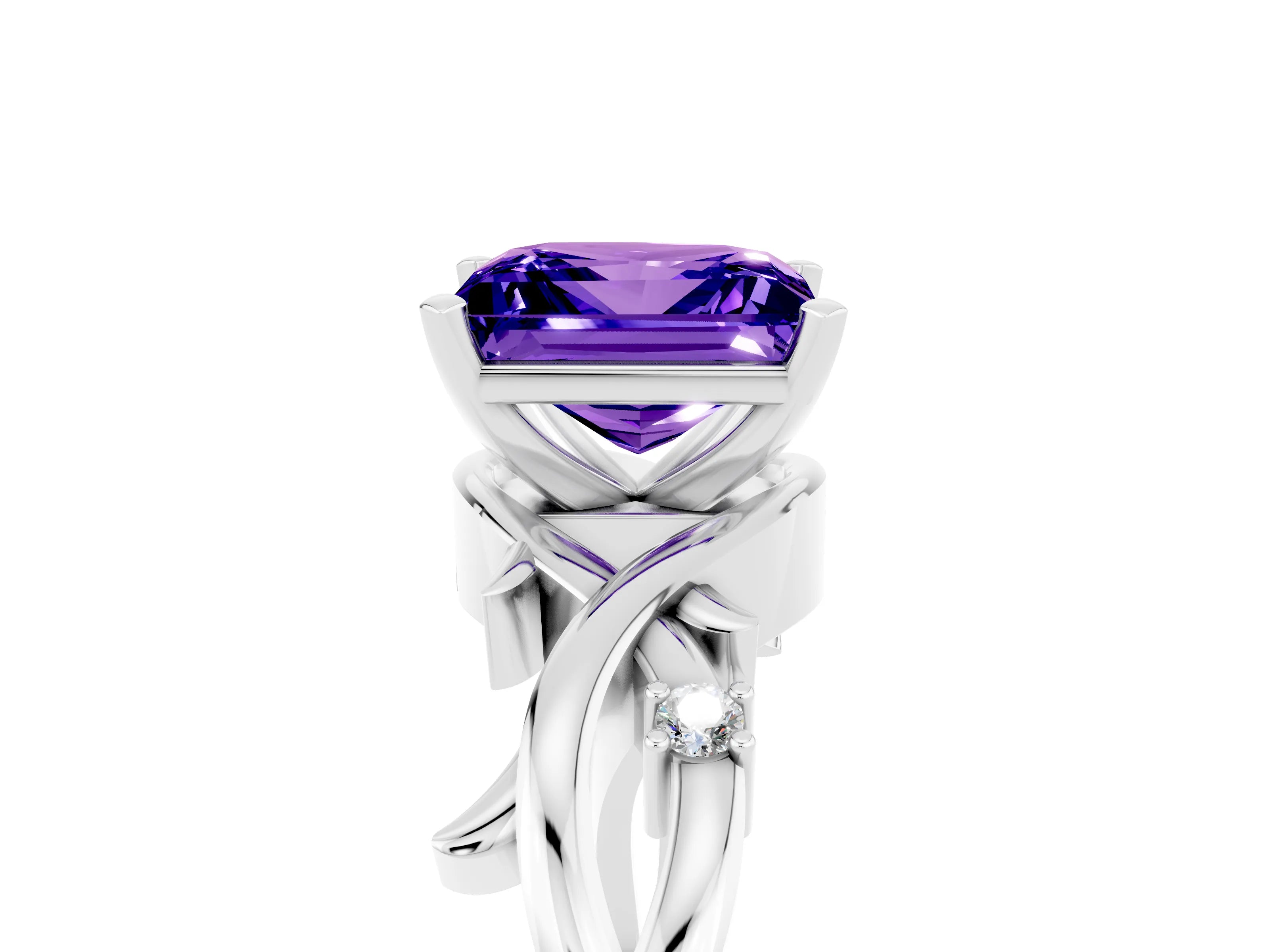 White gold Princess Cut Tanzanite Solitaire Ring with Twisted Band and Prong Setting_5
