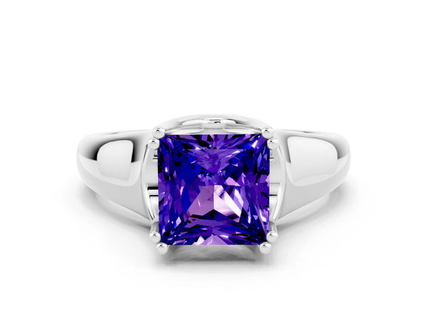 Platinum Princess Cut Tanzanite Solitaire Ring with Wide Band and Prong Setting