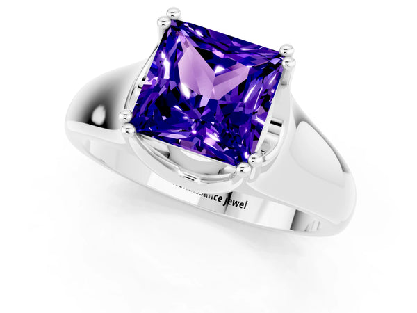 Silver Princess Cut Tanzanite Solitaire Ring with Wide Band and Prong Setting