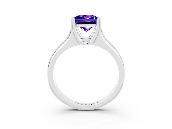 Silver Princess Cut Tanzanite Solitaire Ring with Wide Band and Prong Setting
