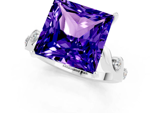 Silver Princess Cut Tanzanite Solitaire Twisted Band with Round  Accents and Prong Setting