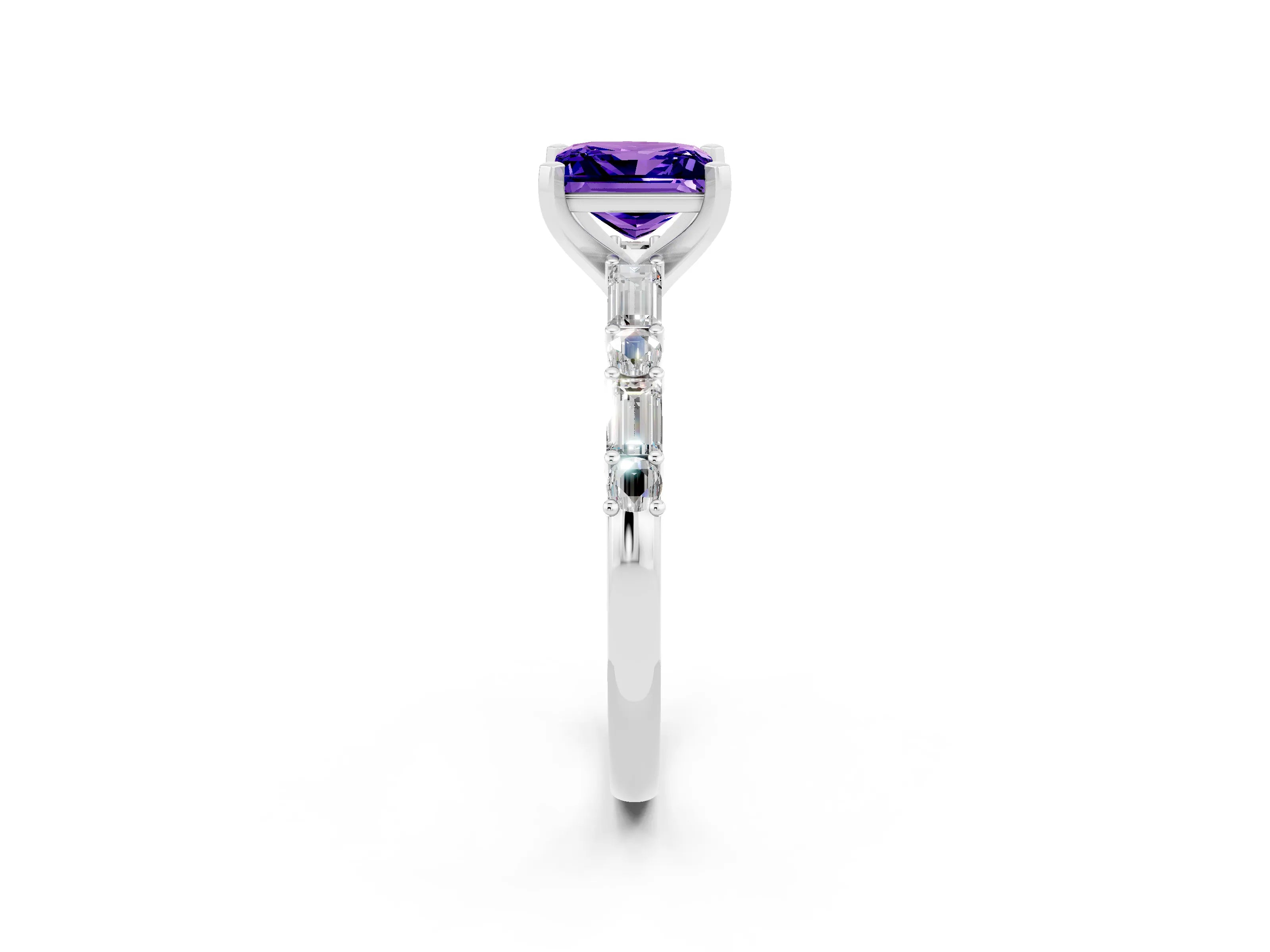 White gold Princess Cut Tanzanite Solitaire with Side Baguettes and Channel Set Band_2