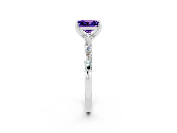 White gold Princess Cut Tanzanite Solitaire with Side Baguettes and Channel Set Band