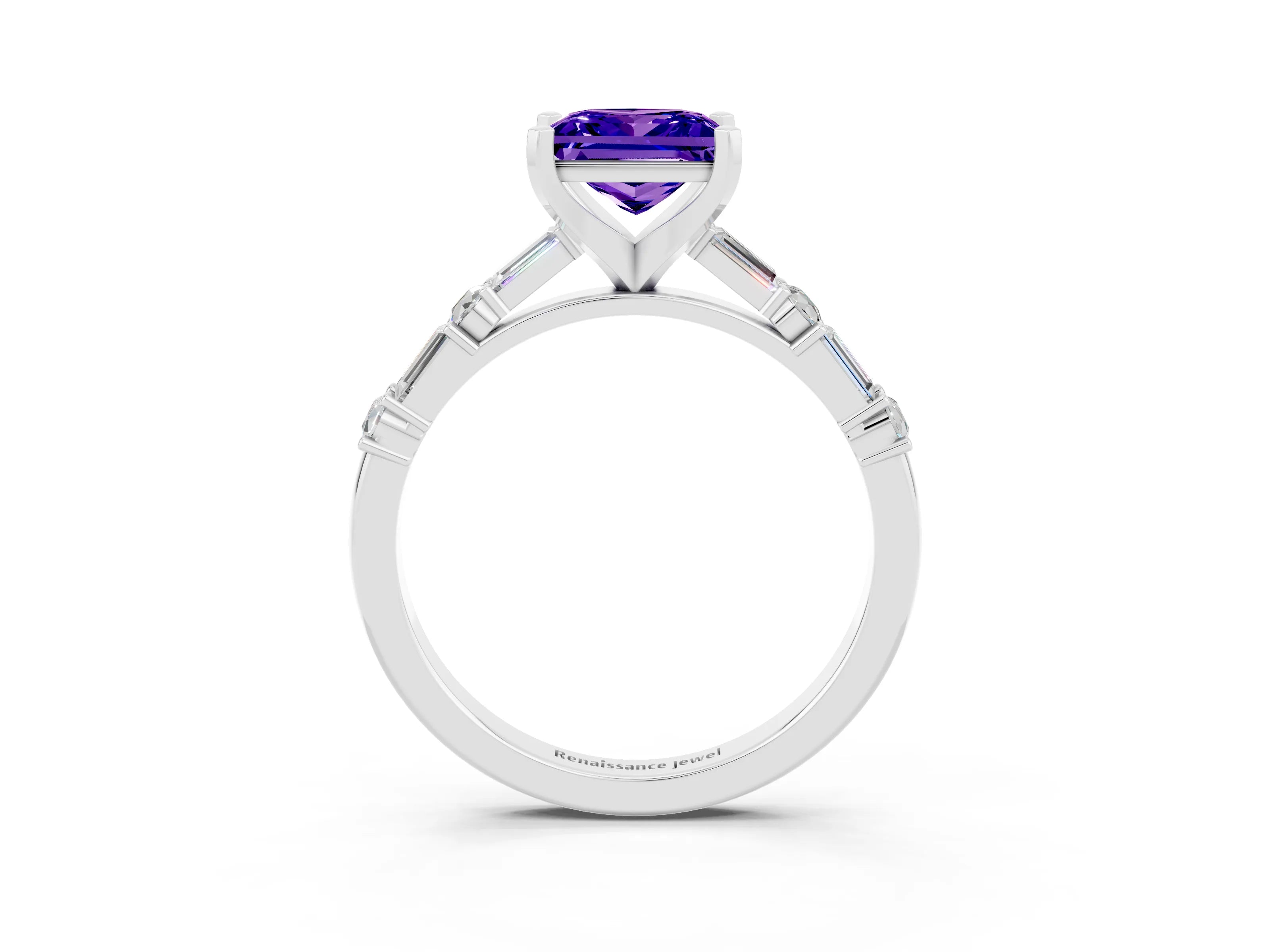 White gold Princess Cut Tanzanite Solitaire with Side Baguettes and Channel Set Band_3