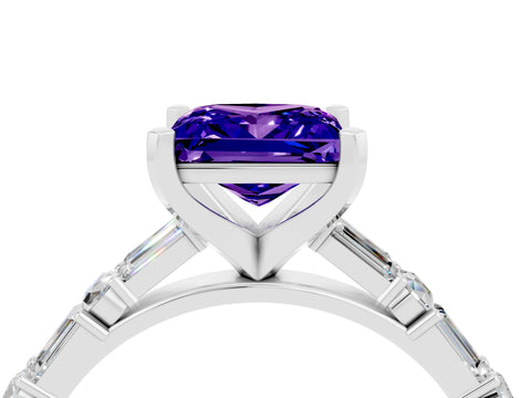 White gold Princess Cut Tanzanite Solitaire with Side Baguettes and Channel Set Band_4
