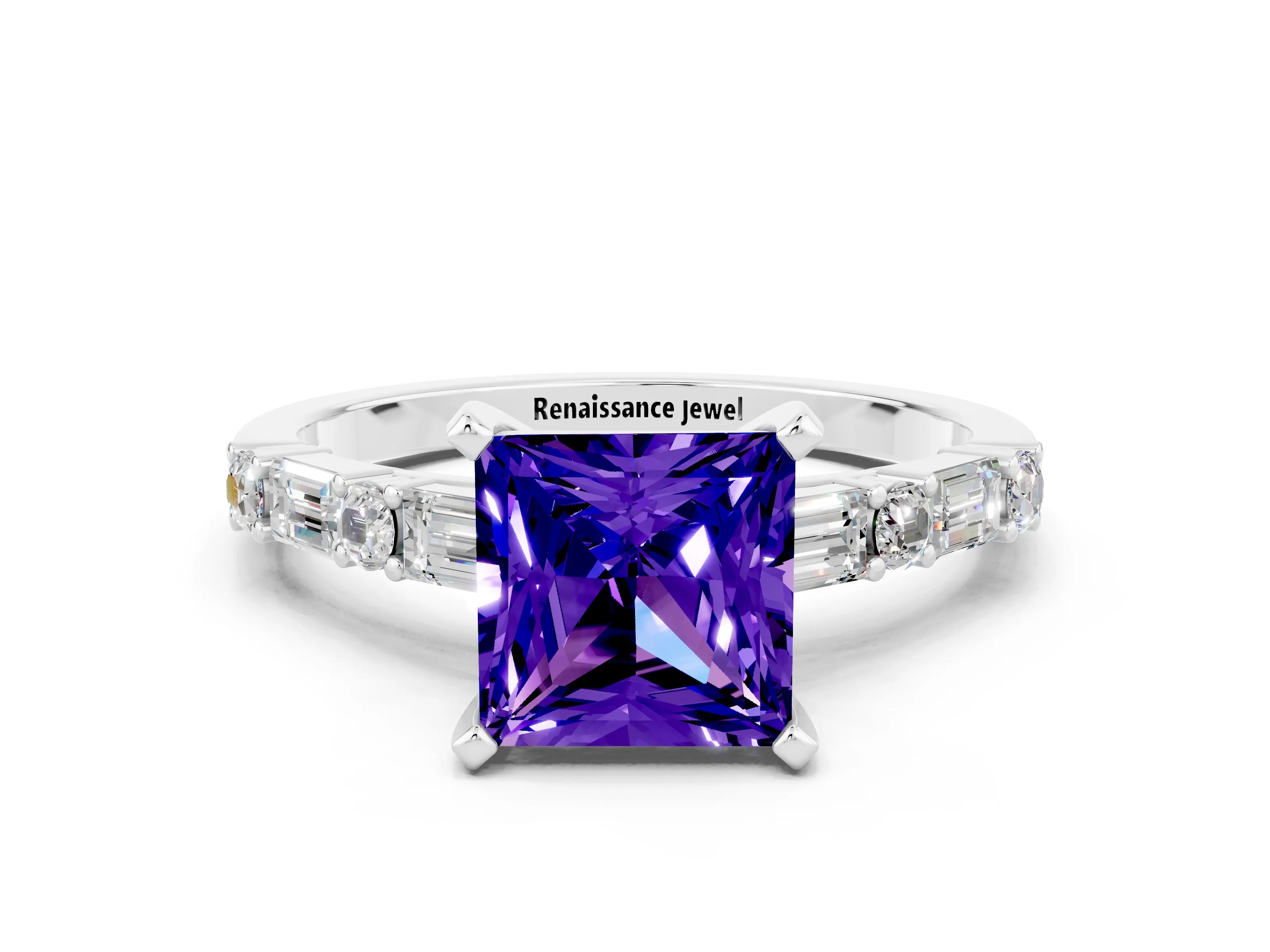 White gold Princess Cut Tanzanite Solitaire with Side Baguettes and Channel Set Band