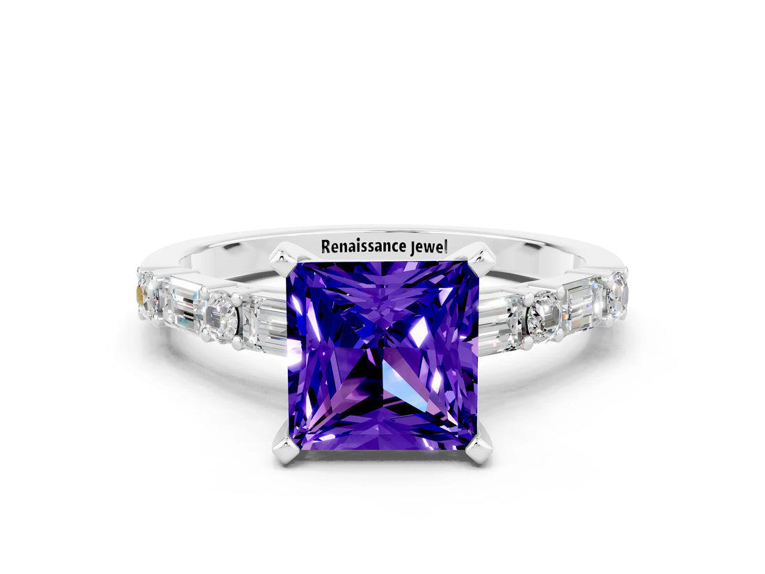 White gold Princess Cut Tanzanite Solitaire with Side Baguettes and Channel Set Band